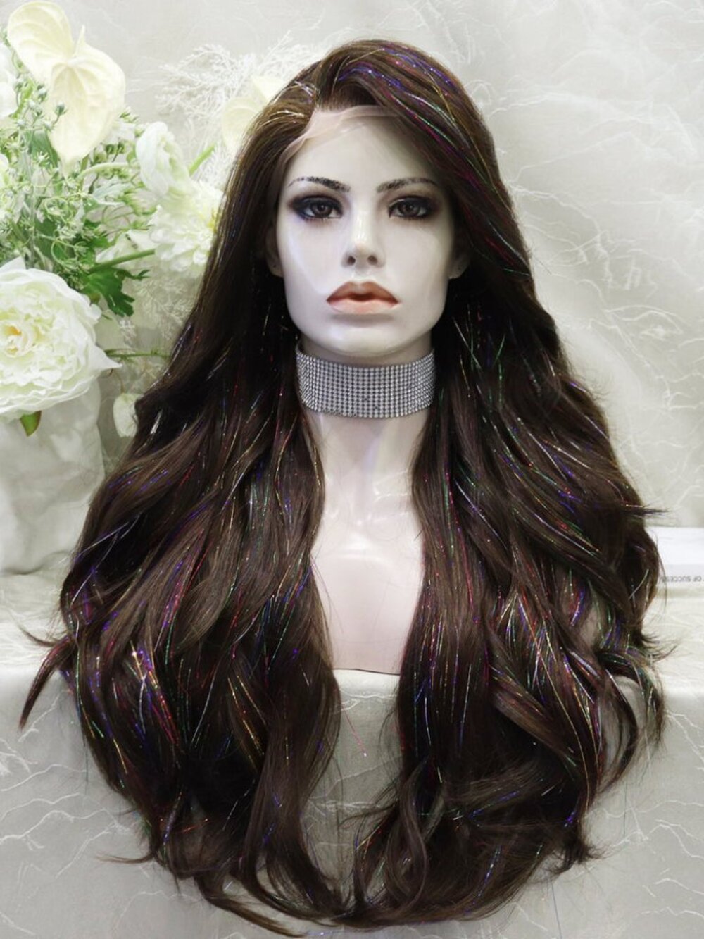 Carmella in Cosmic Mocha | 24" Deep Brown Wavy Wig with Tinsel
